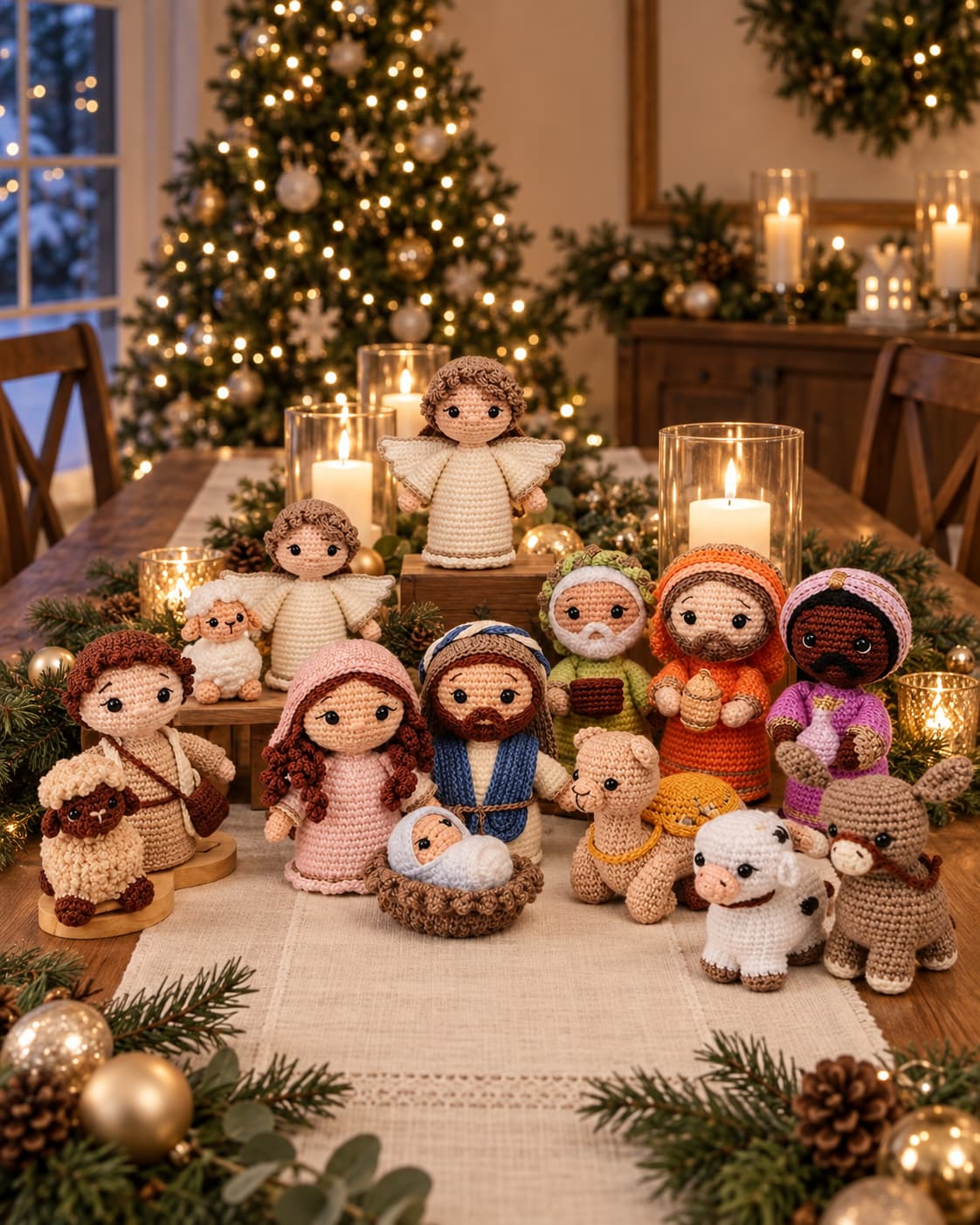 Menino Jesus e personagens do presépio em amigurumi